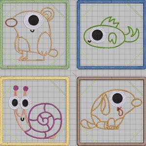 Könnte beinhalten: Vier gestickte Quadrate mit Cartoon-Tierdesigns: ein Bär, ein Fisch, eine Schnecke und ein Hund. Jedes Design ist in einer anderen Farbe umrandet und vor einem Gitterhintergrund platziert. Die Tiere haben große, ausdrucksstarke Augen.