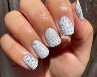 White Crelly Nail Polish: Blue Shards & Gold Shimmer - Handmade