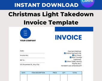 Może przedstawiać: Niebiesko-biały szablon faktury z tekstem "Christmas Light Takedown Invoice Template". Szablon zawiera pola na datę, opis przedmiotu, cenę i ilość. Dokument ma wymiary 21,59 cm x 27,94 cm.