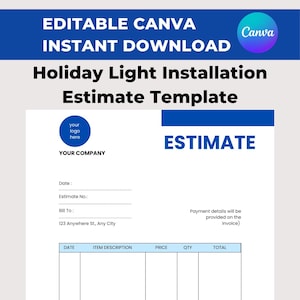 Holiday Light Installation Estimate Template: Service Business Quote (Canva, Instant Download)