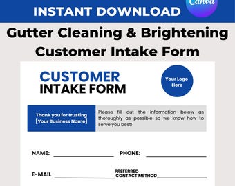 Gutter Cleaning & Brightening Customer Intake Form | Editable in Canva | Client Information Sheet Template