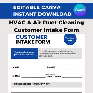 Op de afbeelding: Een wit klantintakeformulier voor HVAC- en luchtkanaalreinigingsdiensten. Het formulier bevat velden voor naam, telefoon, e-mail en serviceadres. Het formulier is 21,59 x 27,94 cm groot.