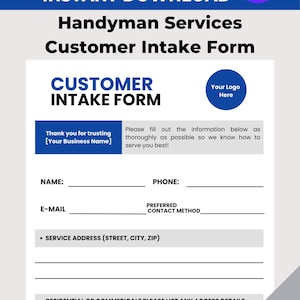 Può includere: Un modulo di acquisizione clienti bianco per servizi di tuttofare, con il testo "EDITABLE CANVA INSTANT DOWNLOAD". Il modulo include campi per nome, telefono, e-mail e indirizzo. Il modulo misura 21,6 x 27,9 cm.