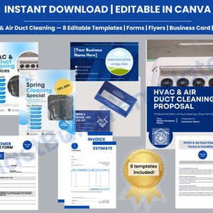 以下が含まれることがあります： HVACと空気ダクトクリーニングサービスの編集可能なCanvaテンプレートのコレクション。フォーム、チラシ、名刺、提案テンプレートが含まれています。テンプレートは、「Spring Cleaning Special」などのテキストを含む青と白のデザインが特徴です。