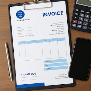 May include: An invoice on a clipboard with a silver clip, a calculator, a smartphone, and a pen on a wooden surface. The invoice has a blue header and footer, with fields for company details, item descriptions, and totals.