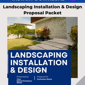 Peut inclure: Modèle Canva bleu et blanc pour un dossier de proposition d'installation et de conception paysagère. La conception comprend une photo d'une cour paysagée, avec le texte "Landscaping Installation & Design". Le modèle est de 8,5x11 pouces.