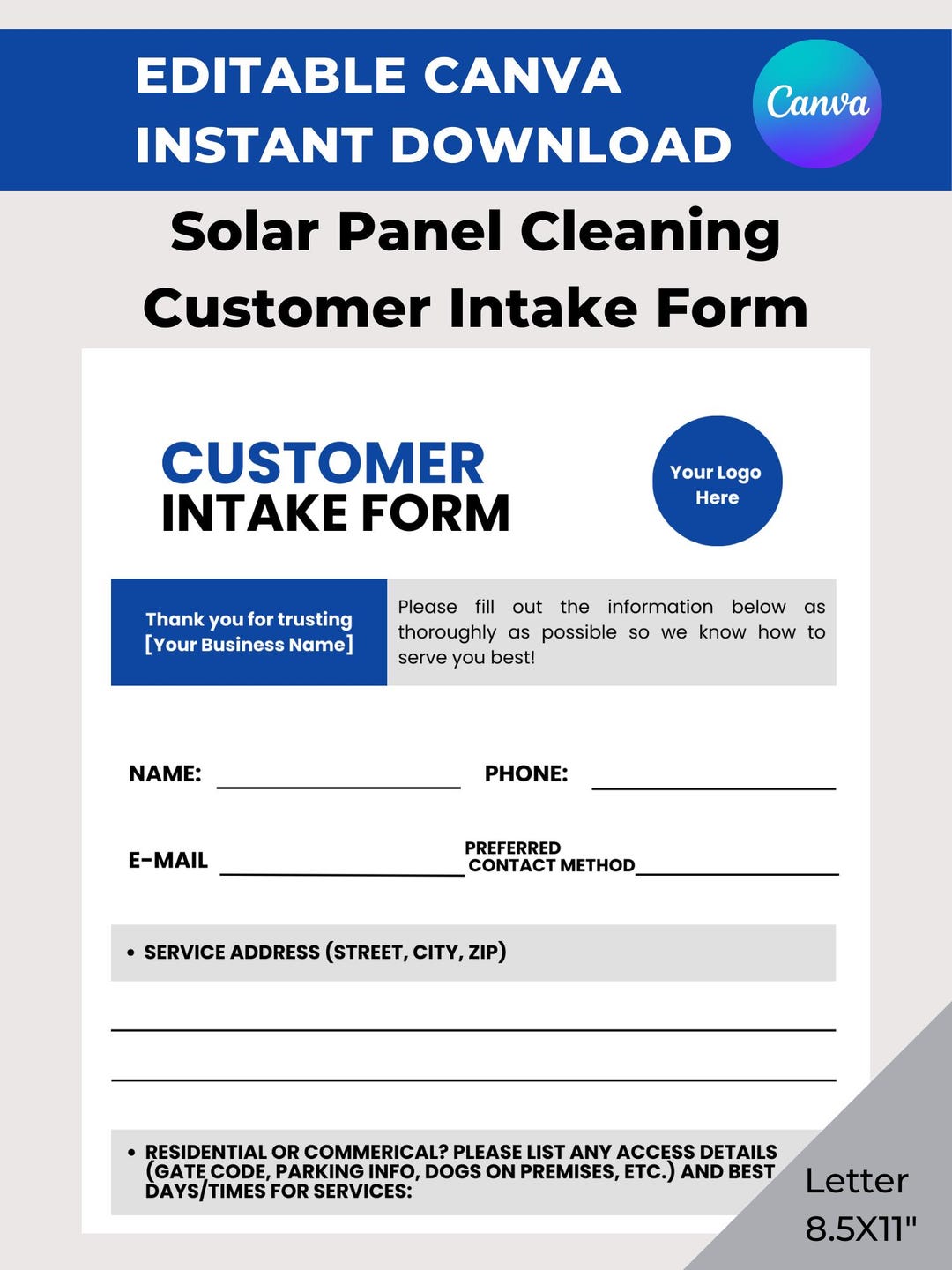 Project Intake Form For Solar Solar Panel Cleaning Customer Intake Form | Editable in Canva | Client ...