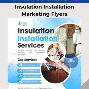 Puede incluir: Un folleto azul y blanco que promociona servicios de instalación de aislamiento. El folleto incluye el texto "EDITABLE CANVA INSTANT DOWNLOAD" y "Insulation Installation Marketing Flyers". Enumera servicios como aislamiento de áticos y de espacios de acceso. El folleto es tamaño carta, 21,59 x 27,94 cm.