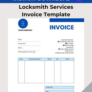 May include: A blue and white invoice template for locksmith services. The template includes fields for date, item description, price, quantity, and total. The text "EDITABLE CANVA INSTANT DOWNLOAD" is at the top. The invoice is 21.59 x 27.94 cm.