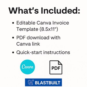 May include: A white graphic with the text "What's Included:" followed by a list of items. The list includes an editable Canva invoice template, a PDF download with a Canva link, and quick-start instructions. The Canva and PDF logos are also present.