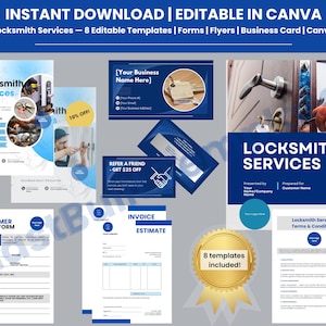 May include: A digital download graphic showcasing eight editable templates for locksmith services. The templates include forms, flyers, and business cards, all designed for use in Canva. The design is primarily blue and white with images of locksmith tools.