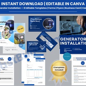 Könnte beinhalten: Eine Sammlung von acht bearbeitbaren digitalen Vorlagen für Generatorinstallationsdienste, einschließlich Flyern, Visitenkarten, Formularen, Rechnungen und Kostenvoranschlägen. Die Designs zeigen blaue und weiße Farbschemata mit Textplatzhaltern.