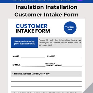Könnte beinhalten: Ein weißes Kundenaufnahmeformular mit blauem und schwarzem Text. Das Formular enthält Felder für Name, Telefon, E-Mail und Serviceadresse. Das Formular ist für die Isolationsinstallation und ein editierbarer Canva-Sofort-Download.