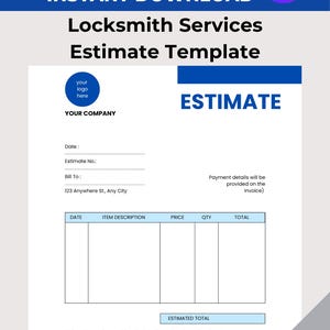 May include: A blue and white Locksmith Services Estimate Template, available for instant download. The document includes fields for date, item description, price, quantity, and total. The template is A4 size and is editable in Canva.