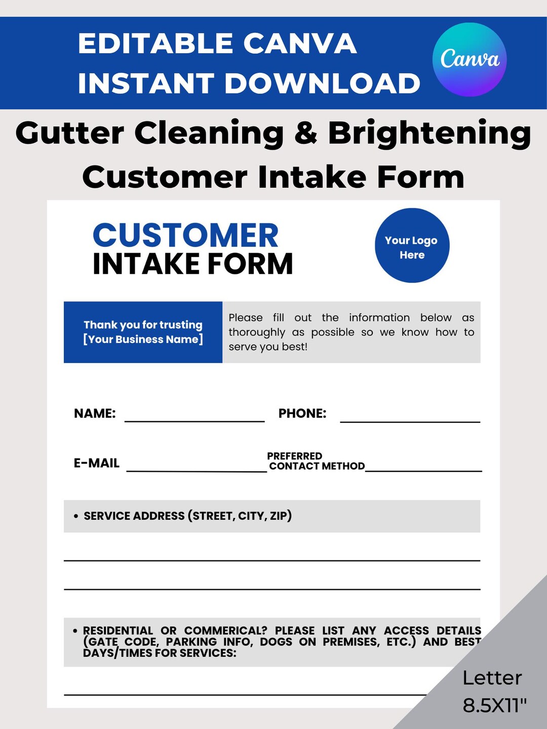 Gutter Cleaning & Brightening Customer Intake Form | Editable in Canva ...