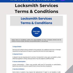 May include: A white document titled "Locksmith Services Terms & Conditions" with "Editable Canva Instant Download." It features a logo placeholder and details on service scope, payment terms, and access authorization. The document is A4 size, approximately 21.6 x 27.9 cm.