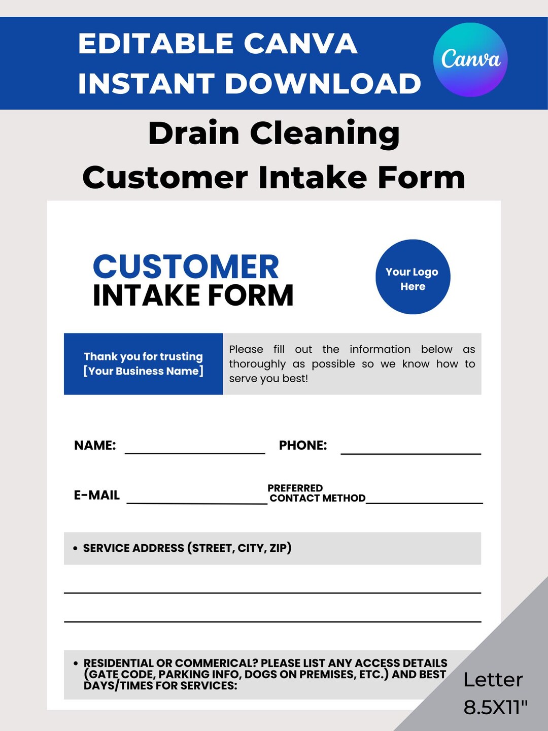 Drain Cleaning Customer Intake Form | Editable in Canva | Client ...