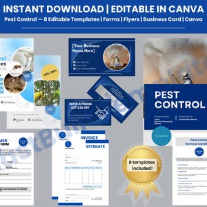 May include: A digital download pack for pest control services, featuring 8 editable templates. Includes forms, flyers, and business card designs, all editable in Canva. The templates use a blue and white colour scheme.