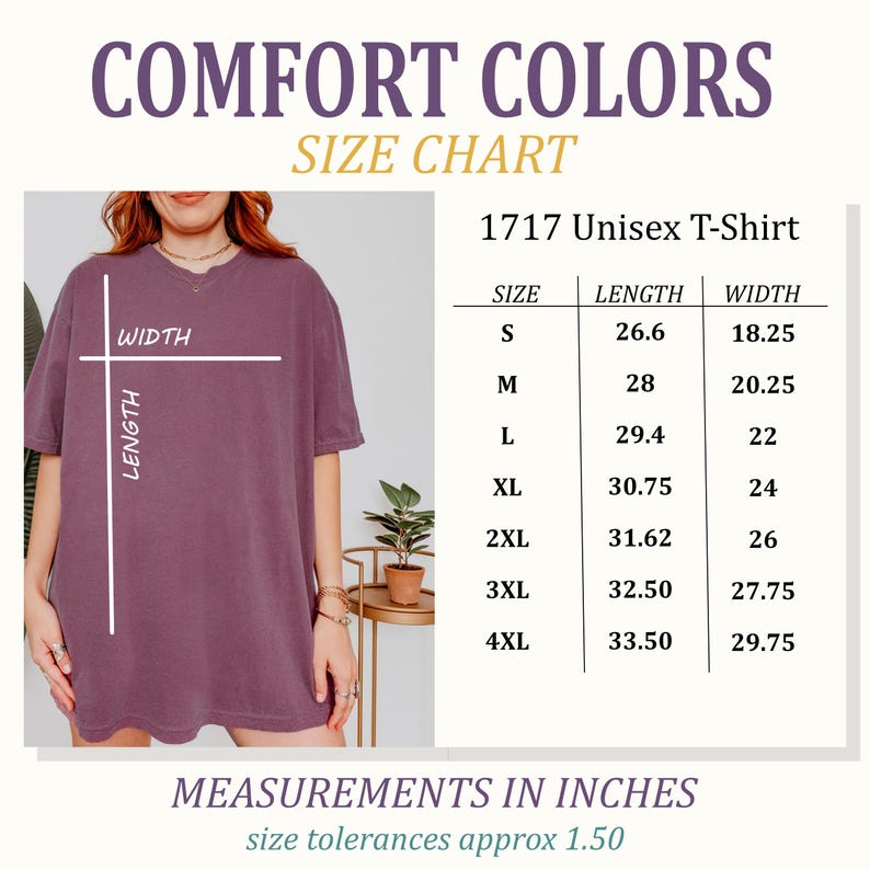 Może przedstawiać: Fioletowa koszulka unisex z tabelą rozmiar&oacute;w. Tabela zawiera wymiary w calach dla rozmiar&oacute;w od S do 4XL. Widoczny jest r&oacute;wnież tekst "COMFORT COLORS" i "1717 Unisex T-Shirt".