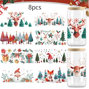 8PCS UV DTF Transfer Stickers - Christmas Reindeer & Snowman Designs for Mugs, Jars, Luggage