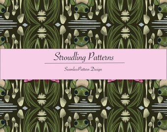 Cottagecore Frog Seamless Pattern – Whimsical Mushrooms, Lilies, and Nature Digital Paper