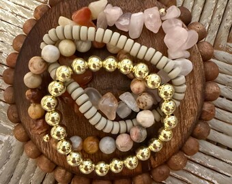 Beaded Bracelet Stack, Gold, Stone, and Glass, Set of Four