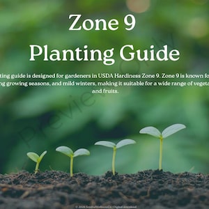 May include: A planting guide for Zone 9 gardeners. The image shows young plants emerging from soil, with the text "Zone 9 Planting Guide" and descriptive text about the zone's climate and suitability for various plants.