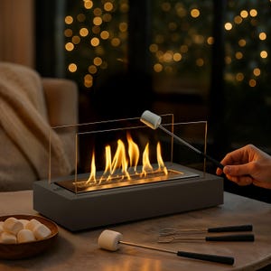 May include: A grey tabletop fireplace with a glass enclosure and a stainless steel interior. Flames are visible inside. Marshmallows are being roasted over the flames. A wooden bowl of marshmallows and roasting forks are nearby.