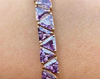 Trillion Cut CZ Bracelet Purple Amethyst Look Tennis Bracelet 925 Sterling Silver Gold Vermeil Gift For Her