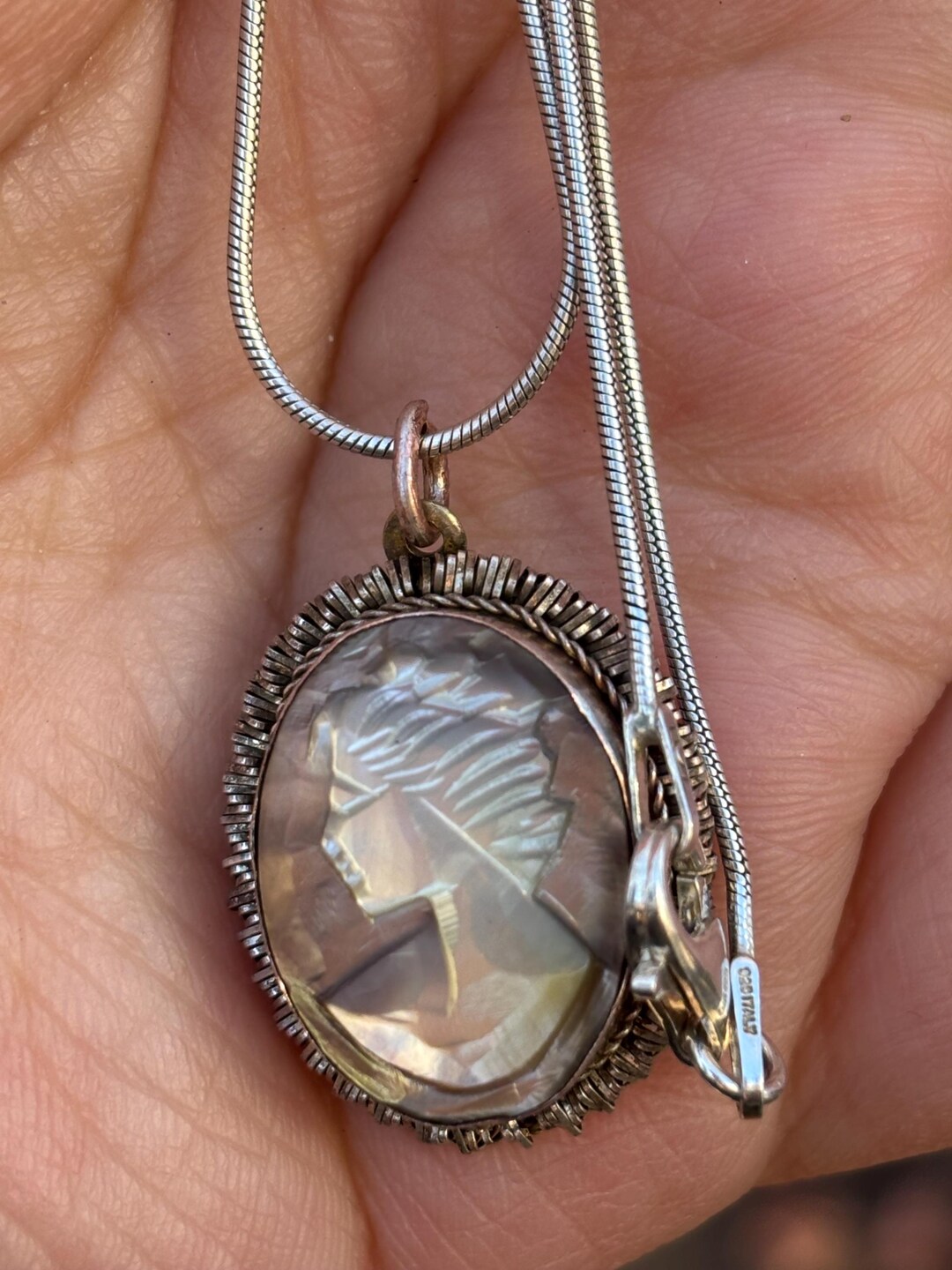 Vintage Cameo Necklace Hand Carved Cameo Pendant Sterling Silver Chain ...