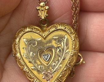 Antique Gold Filled Heart Locket Necklace Engraved Sweetheart Floral Locket Romantic Victorian Jewelry
