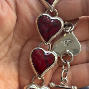 Vintage 925 Sterling Silver Red Jasper Heart Bracelet Mexico Heart Link Bracelet 8.5 Inch Statement Jewelry Romantic Gift