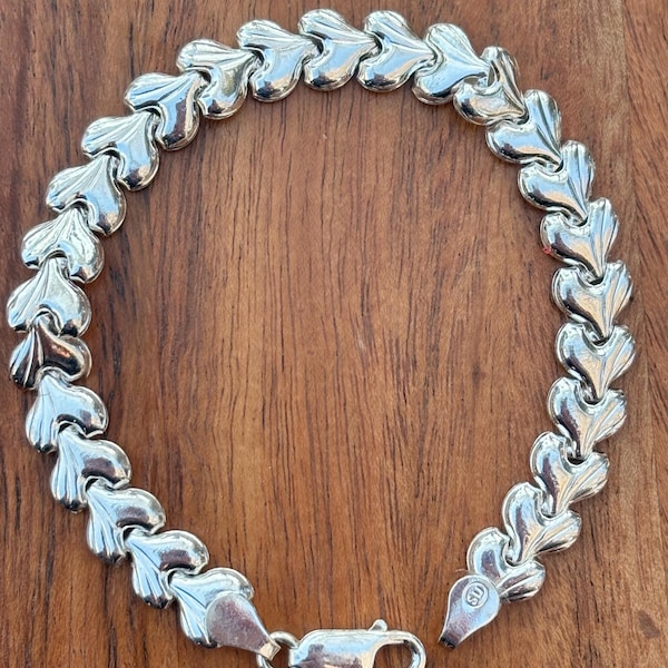 Vintage Puffy Heart Bracelet 925 Sterling Silver Italy Heart Link Bracelet Leaf Silver Bracelet Gift for Her