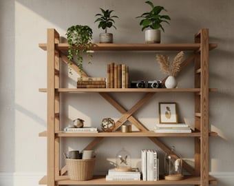Mid-Century Bookshelf – Minimalist Modern Bookcase -Natural Artistic Touch for Living space