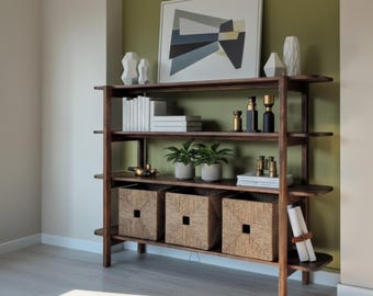 Estantería de madera maciza artesanal: moderna estantería de almacenamiento, expositor de madera natural, organizador para sala de estar.