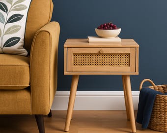 Modern rotan nachtkastje, massief houten nachtkastje, handgemaakt rieten ladebijzettafeltje