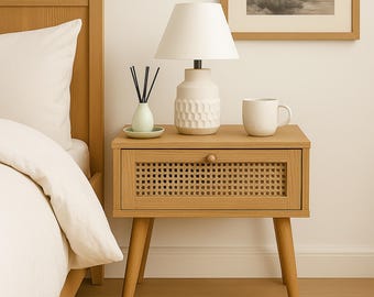 Modern rotan nachtkastje, massief houten nachtkastje, handgemaakt rieten ladebijzettafeltje