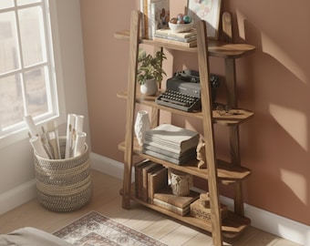 Handgemaakte massief houten ladderplank – moderne houten displayplank – staand opbergrek met 4 niveaus