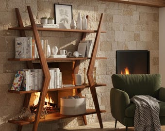 Modern Z Shape Wooden Bookshelf – Handmade First-Class Natural Solid Wood Bookcase