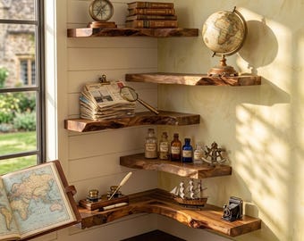 Puede incluir: Un conjunto de cinco estantes flotantes en forma de L, dispuestos en niveles y hechos de madera natural con bordes irregulares. Montados en una esquina, sostienen varios objetos decorativos, incluyendo un globo terráqueo, libros, frascos, un barco y una cámara.