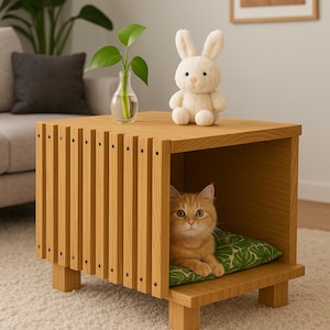 May include: A light-colored wooden cat house with a rectangular design. The house features a front opening and a top surface with a small stuffed bunny and a vase with a plant. An orange cat is inside the house on a green pillow.