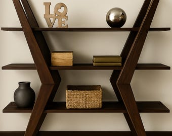 Estantería moderna en zigzag: estante de madera único con diseño minimalista, ideal para almacenamiento y exhibición en la sala de estar.