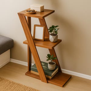 May include: A wooden side table with a unique zigzag design. The table has three shelves, each holding decorative items like a small plant, a picture frame, and a box. The table is made of a warm brown wood and is a stylish addition to any living space.