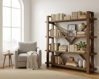 Wooden Mid-Century Bookshelf – Minimalist Modern Bookcase -Natural Artistic Touch for Living space