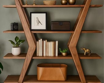May include: A wooden bookshelf with an asymmetrical design. The shelves display various decorative items, including candles, a framed bird print, books, a camera, and a leather basket. The color palette is warm, with wood tones and gold accents.