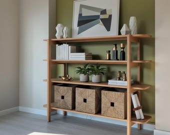Estantería de madera maciza artesanal: moderna estantería de almacenamiento, expositor de madera natural, organizador para sala de estar.