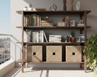 Estantería de madera maciza artesanal: moderna estantería de almacenamiento, expositor de madera natural, organizador para sala de estar.