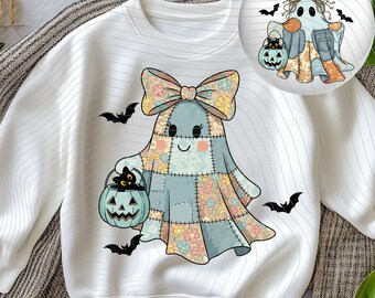 Patchwork Ghost PNG: Preppy Halloween Pastel Ghost with Bow