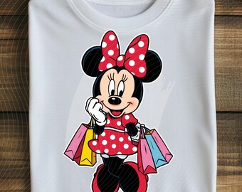 Minnie Mouse meisje winkelen png, polkadot strik cartoon clipart, kindershirtontwerp