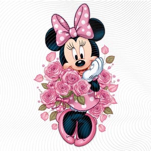 May include: A cartoon illustration of Minnie Mouse, wearing a pink polka-dot dress and bow, holding a bouquet of pink roses. The background is white with a subtle wavy pattern. Minnie Mouse is smiling and wearing white gloves.